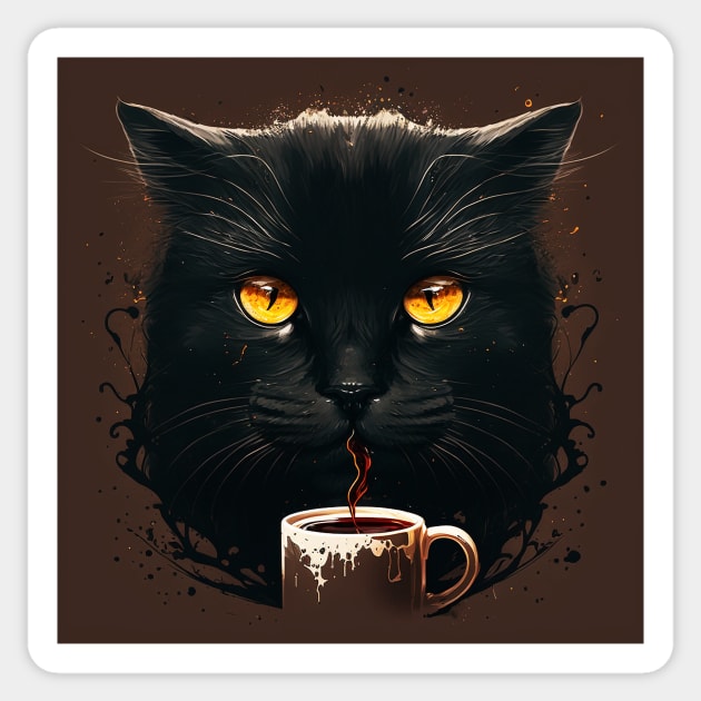 Black Cat Drinking Coffee, Coffee Cat Lover Sticker by logiamerch